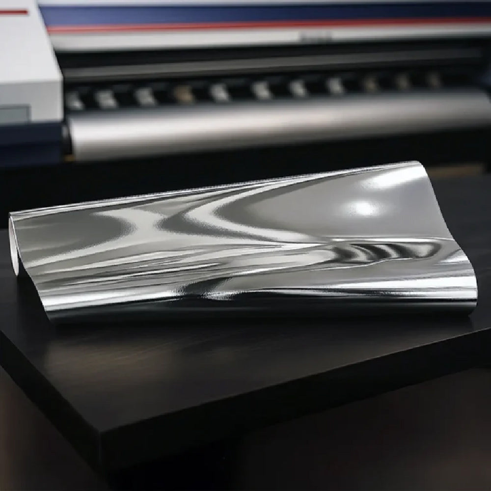 RB Luma 4mil PVC/PET Printable Metallic Silver Vinyl (Clear Permanent Adhesive, Air Egress)
